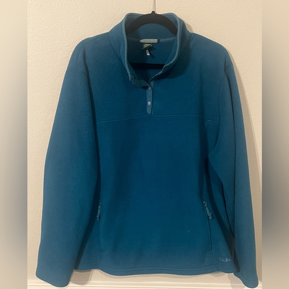 Vtg LL Bean Womens 3XL Fleece Jacket Pullover T Snap Teal Zip Pockets Polartec
